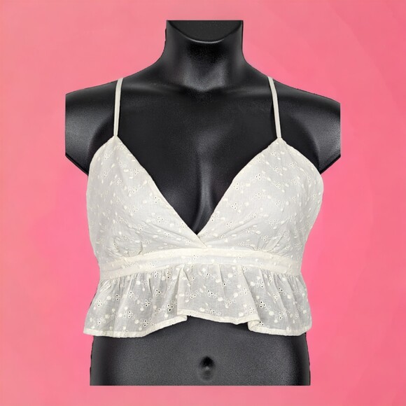 F21 Boho Babydoll Festival Cottage Summer Eyelet Flouncy Crop Top Jr. Large NWT - Picture 1 of 5